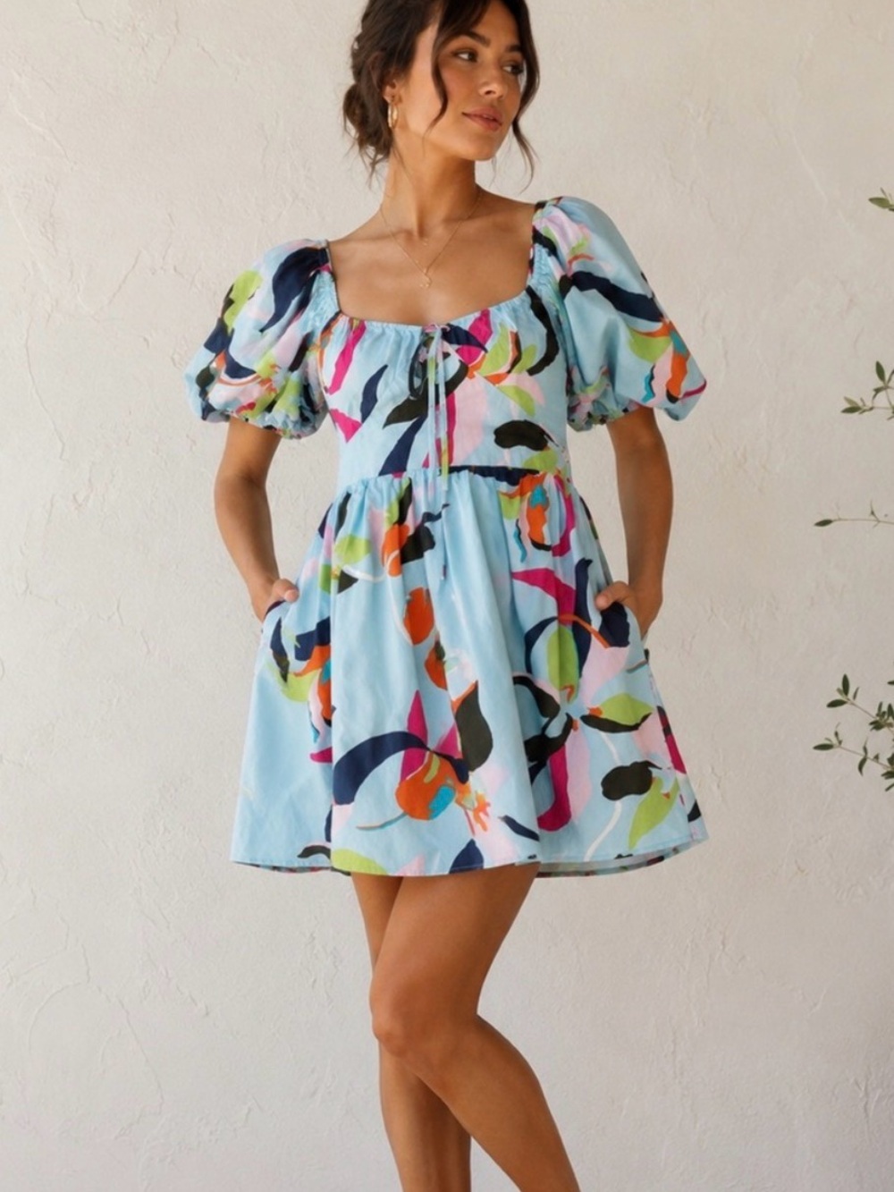 Light Blue Floral Puff-Sleeve Mini Dress